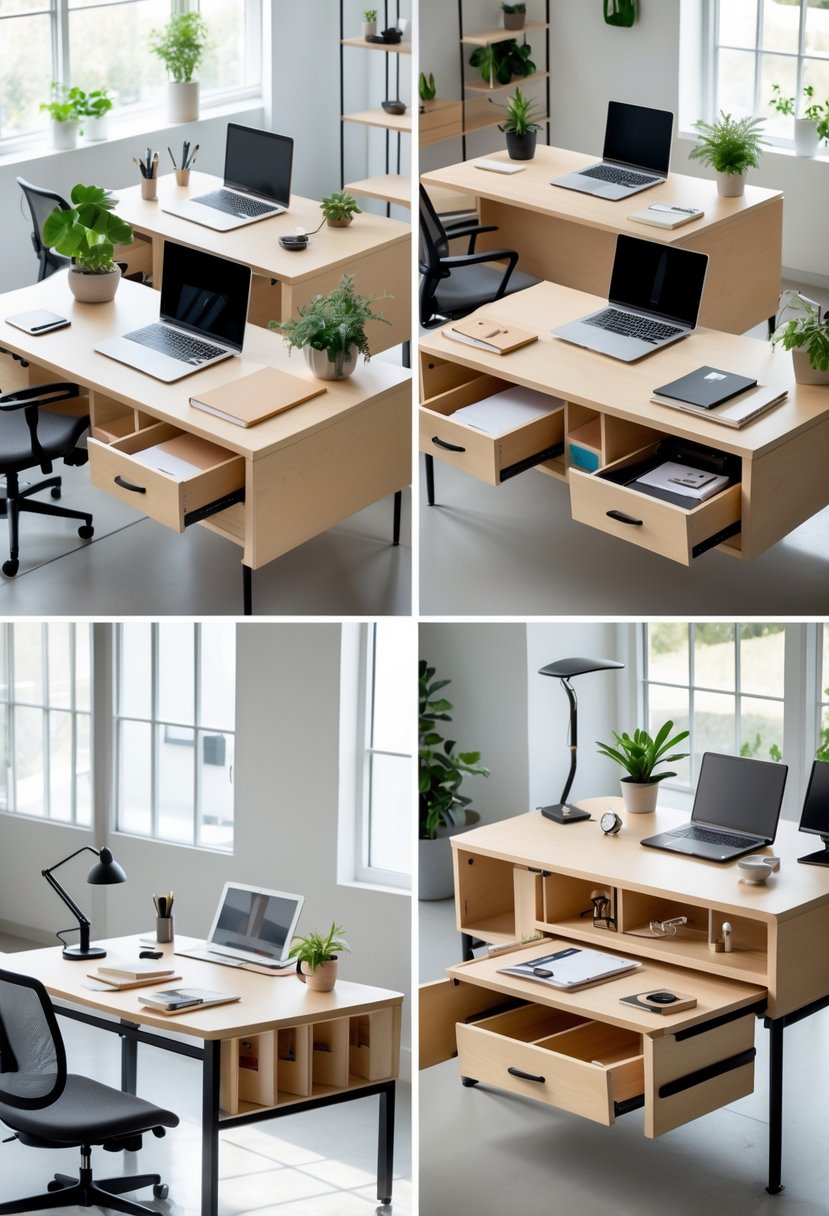 Six home office desks with built-in storage drawers arranged in a bright room with office supplies and chairs.