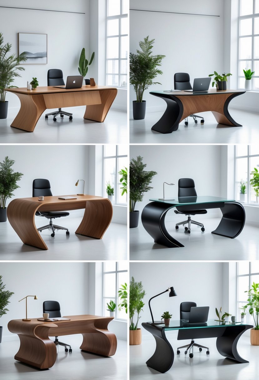 Six uniquely shaped home office desks with curved edges arranged in a bright room with office chairs and plants.