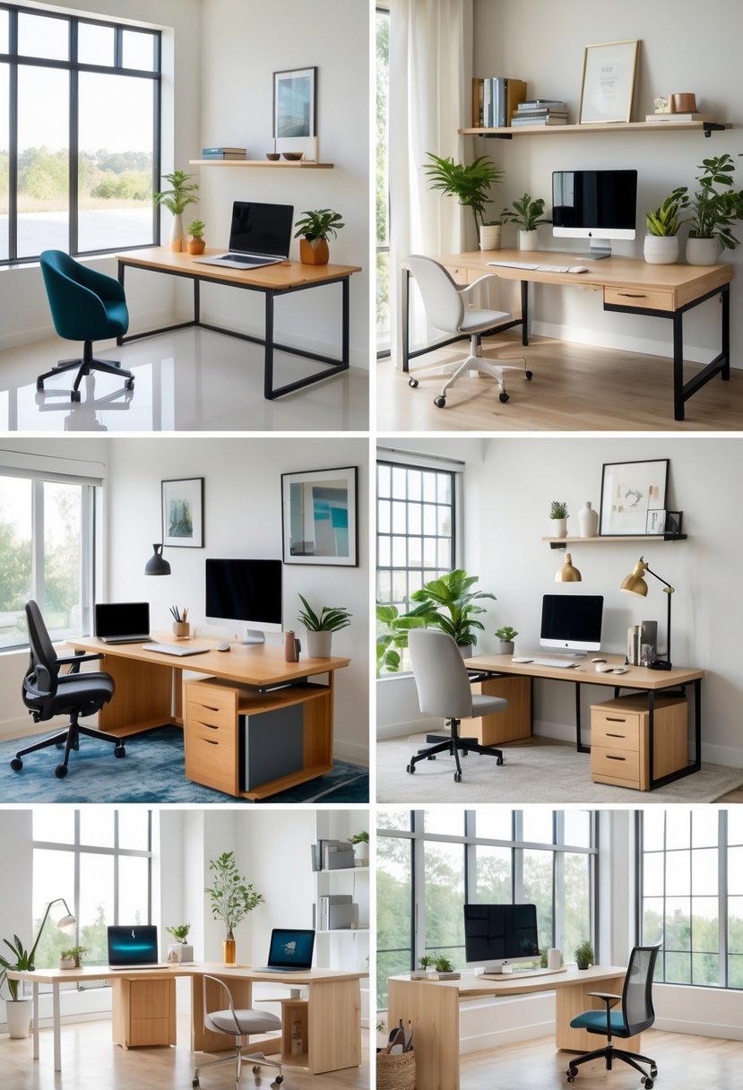 A spacious room with six different home office desks, each set up with computers, chairs, and office supplies under natural light from large windows.