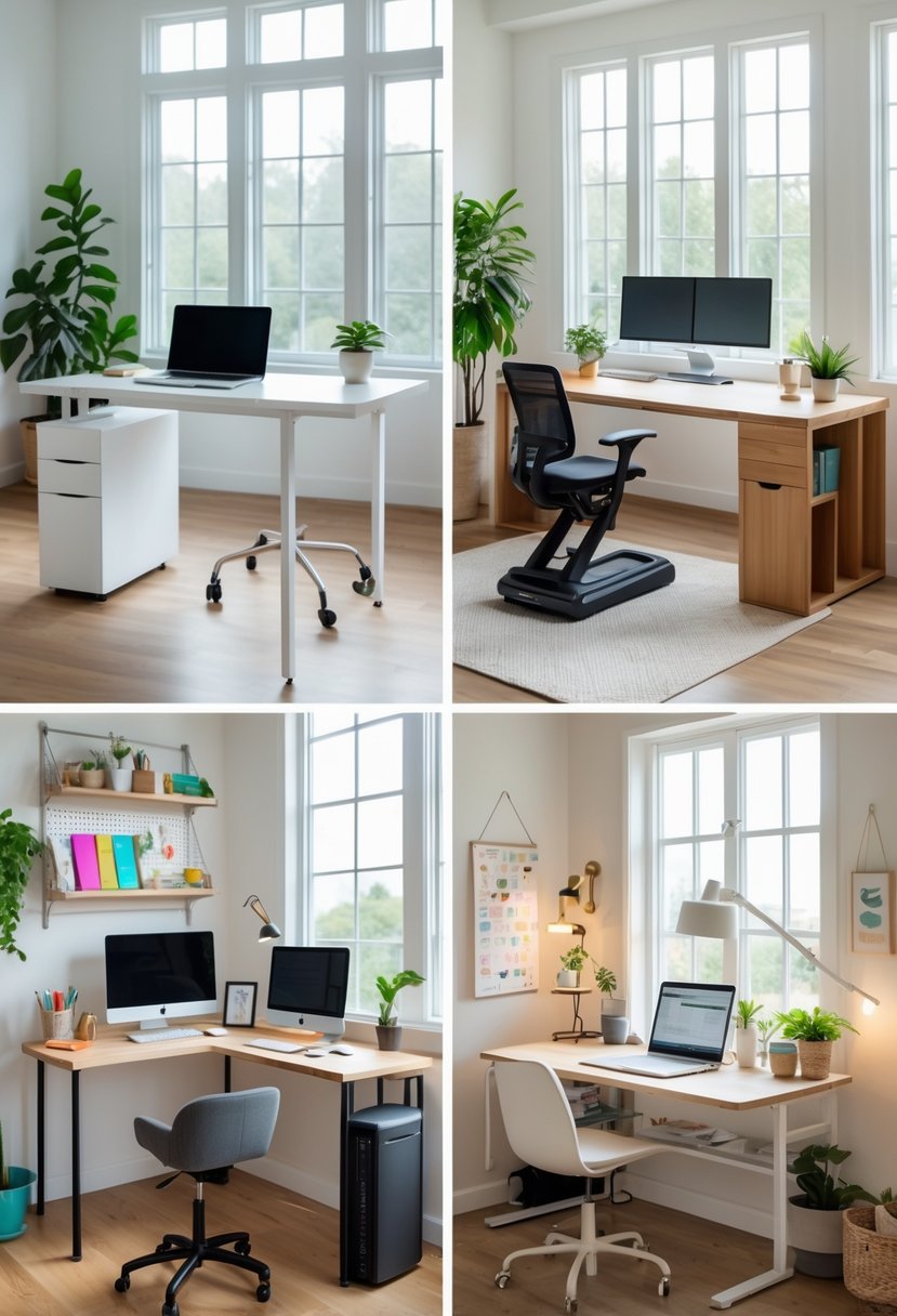 A spacious home office with six different desks, each arranged with computers, chairs, and office supplies under natural light.