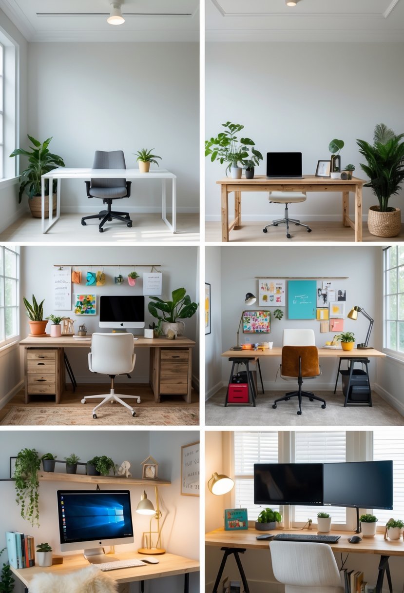 A room displaying six different home office desk setups with various styles, chairs, computers, plants, and office accessories.