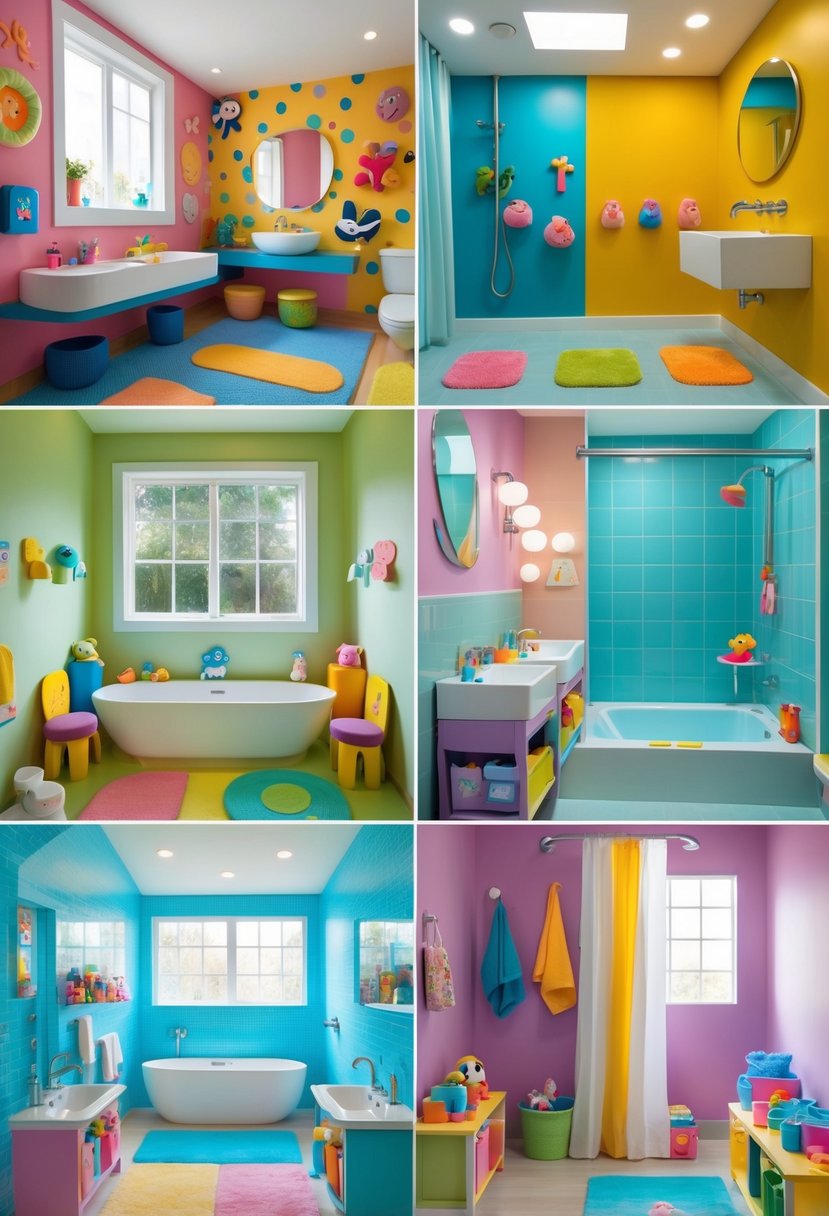 A bright bathroom with seven different kids' design ideas, including colorful walls, small sinks with step stools, a bathtub with toys, a shower with a colorful curtain, storage bins, and soft floor mats.