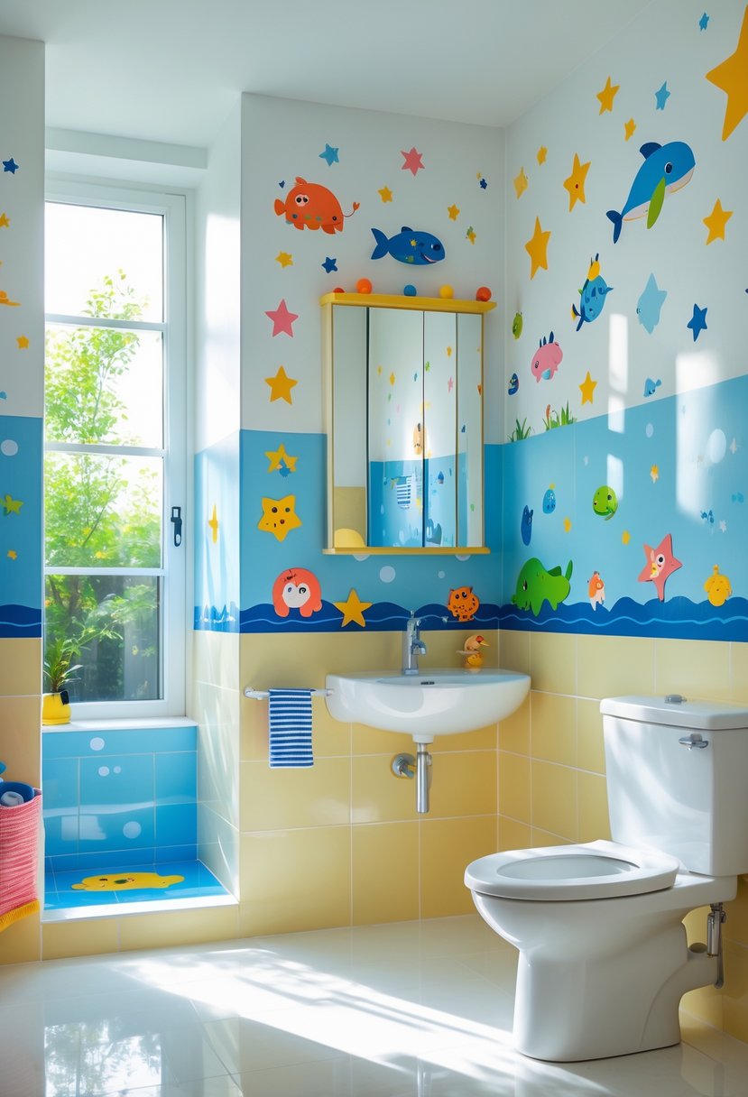 A children's bathroom with colorful wall decals featuring animals and stars, a small sink, and a toilet, brightly lit and tidy.