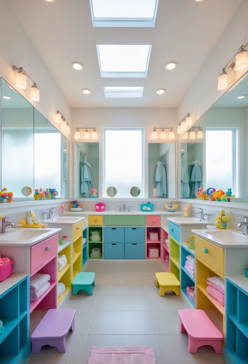 A kids bathroom with seven small vanities that have built-in storage, arranged neatly with colorful drawers and mirrors, bright natural light, and child-friendly accessories.