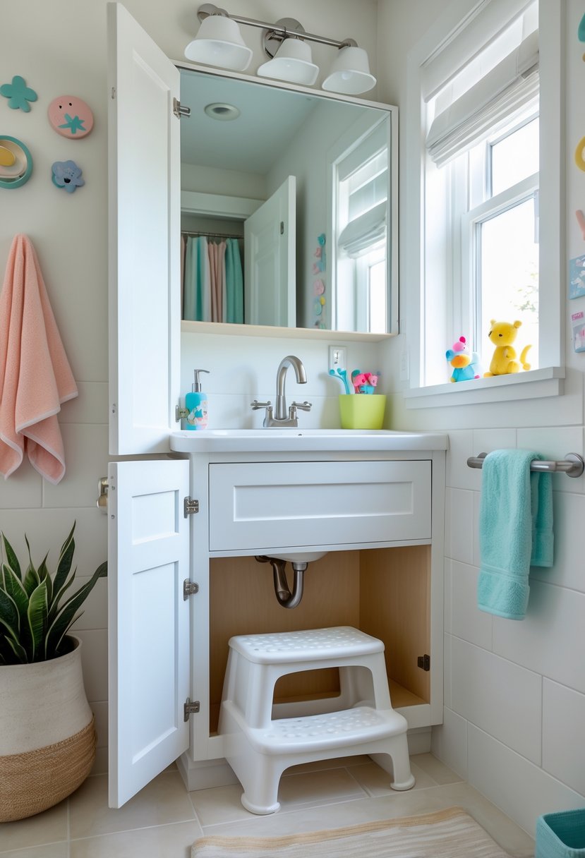 A kids' bathroom with a step stool stored neatly under the open sink cabinet, surrounded by colorful towels and child-friendly accessories.