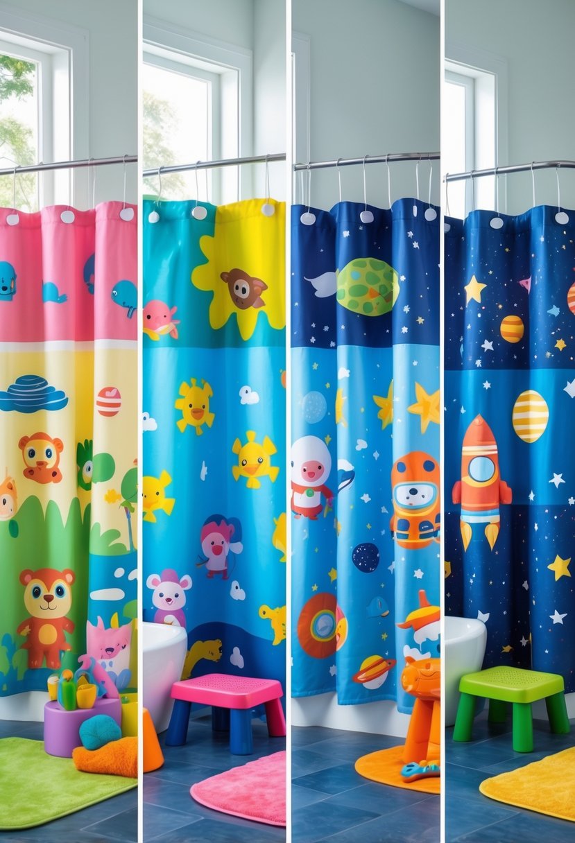 A kids' bathroom displaying seven different colorful shower curtains with animal and space themes, along with child-friendly bathroom accessories.