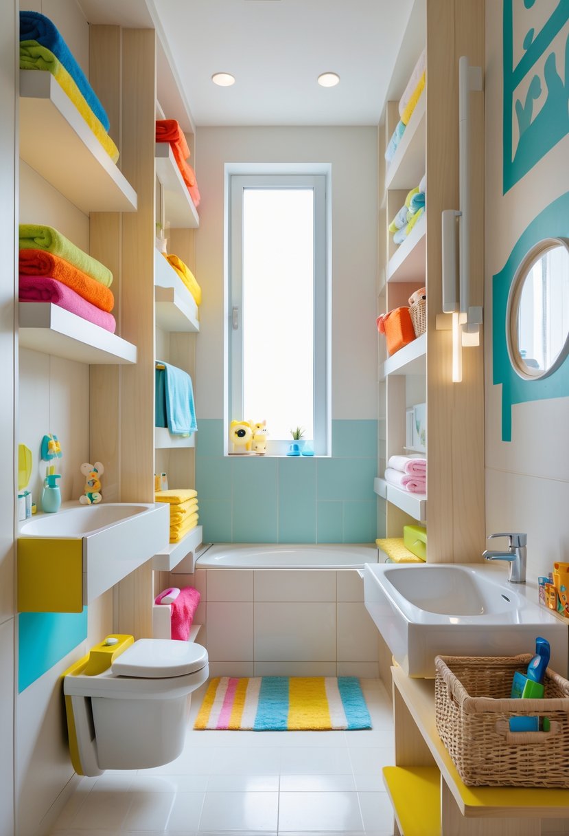 A small children's bathroom with vertical shelving holding colorful towels and storage baskets, a small sink, and a compact bathtub in a bright, organized space.