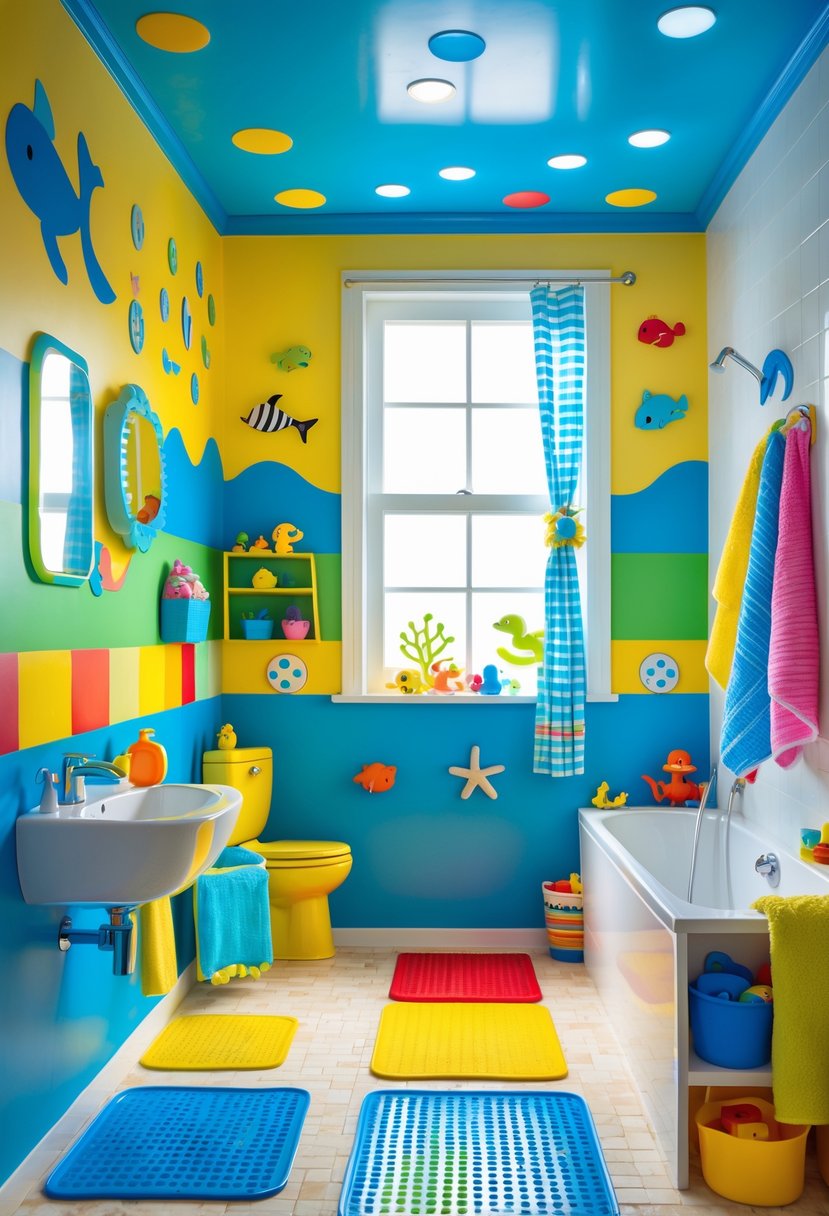 A colorful kids' bathroom with bright painted walls, child-sized fixtures, playful decorations, and storage for toys and bath items.