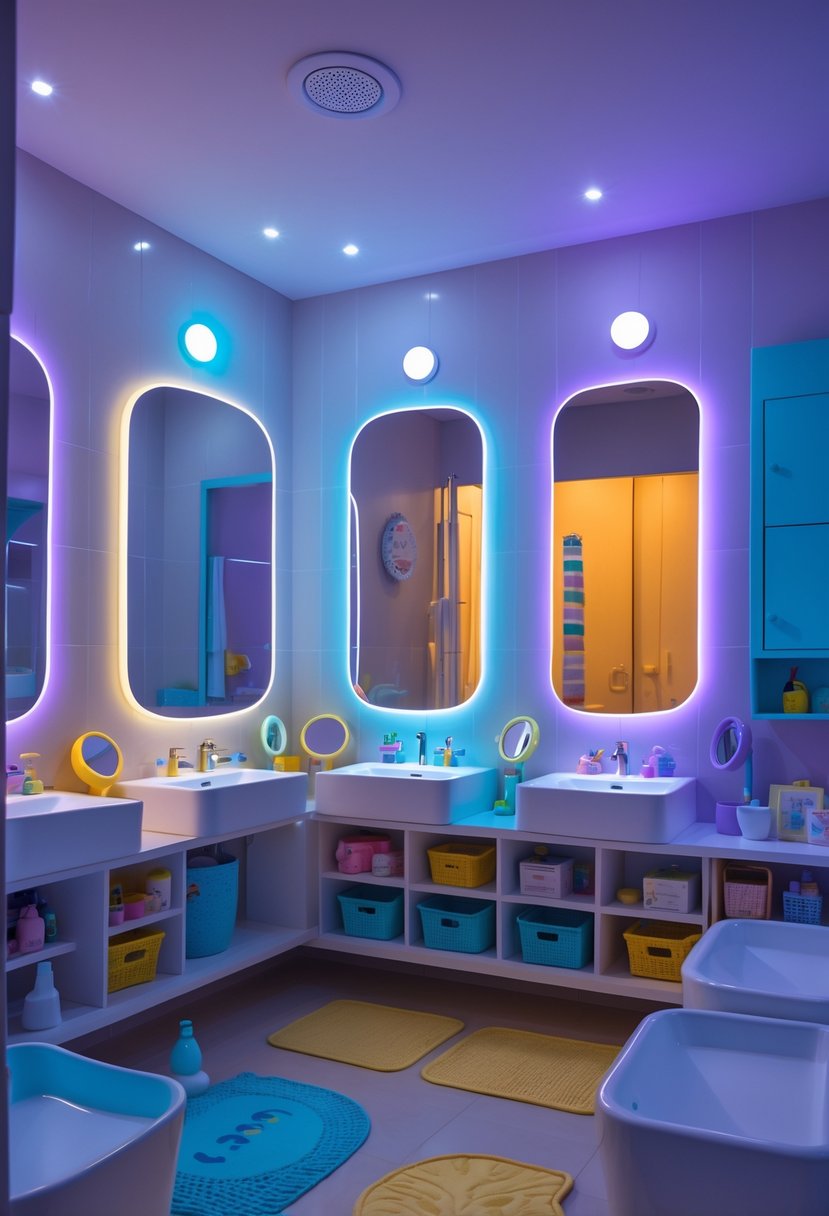 A children's bathroom with seven sinks softly lit by night lights in blue, purple, and amber hues, featuring colorful fixtures and organized storage.