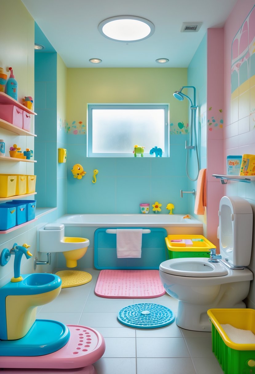 A bright kids' bathroom with child-friendly fixtures including a low sink, step stool, bathtub with safety mats, child-sized toilet, storage bins, and grab bars, designed for safety and functionality.