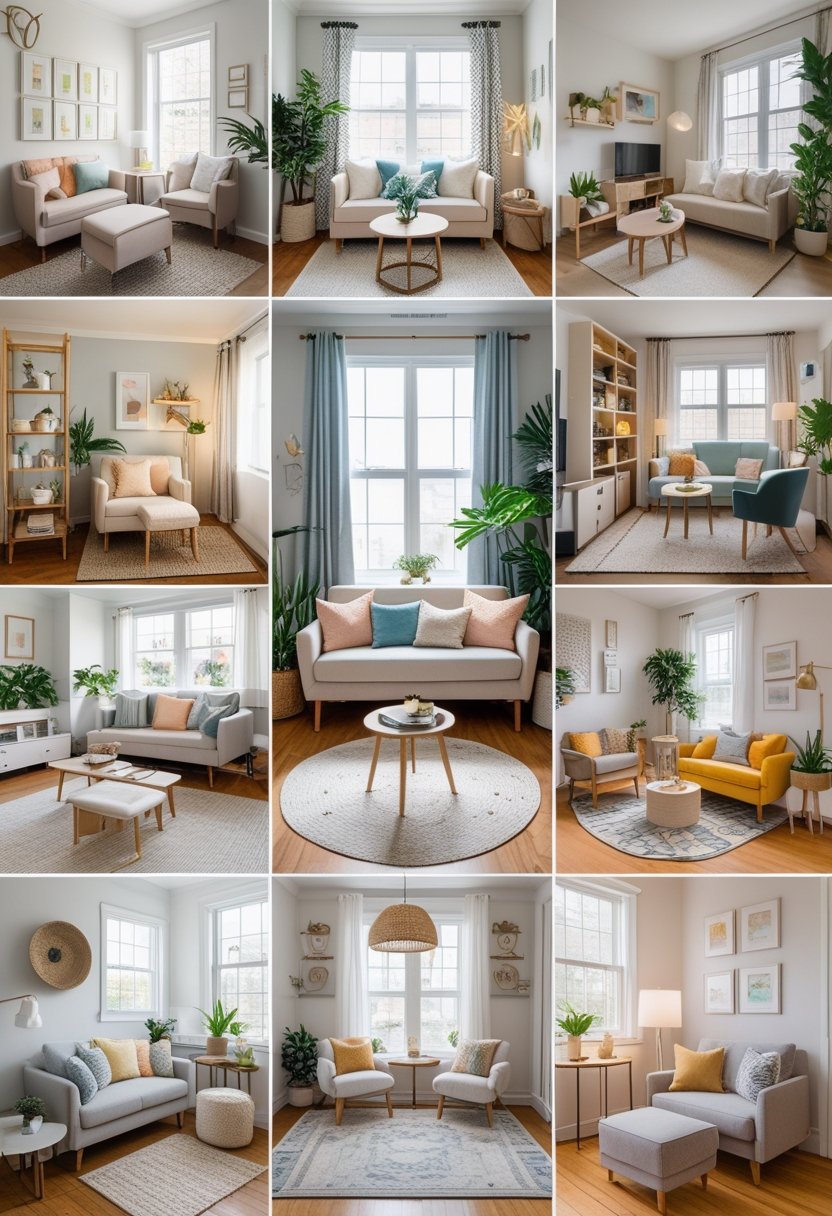 A collection of ten small living rooms, each with compact furniture, plants, and natural lighting.