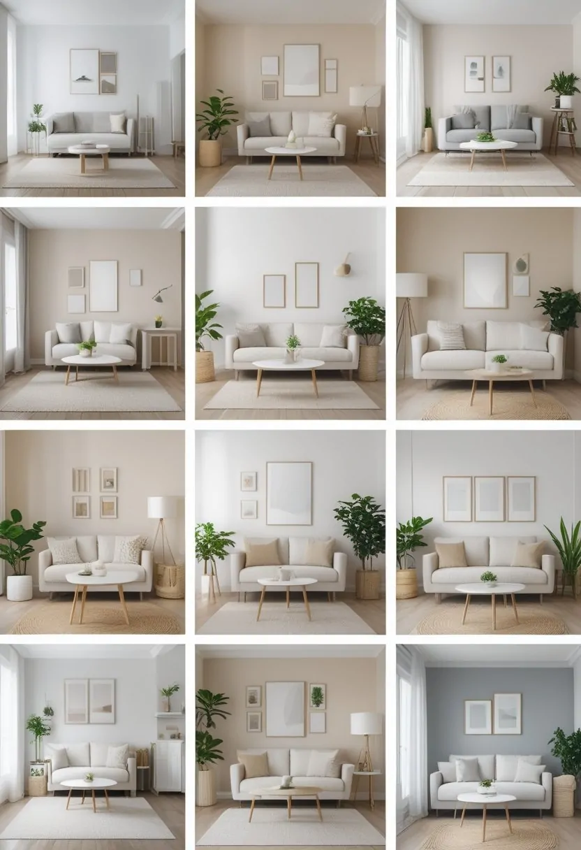 Ten small living rooms with light-colored walls, modern furniture, and natural lighting creating open and inviting spaces.