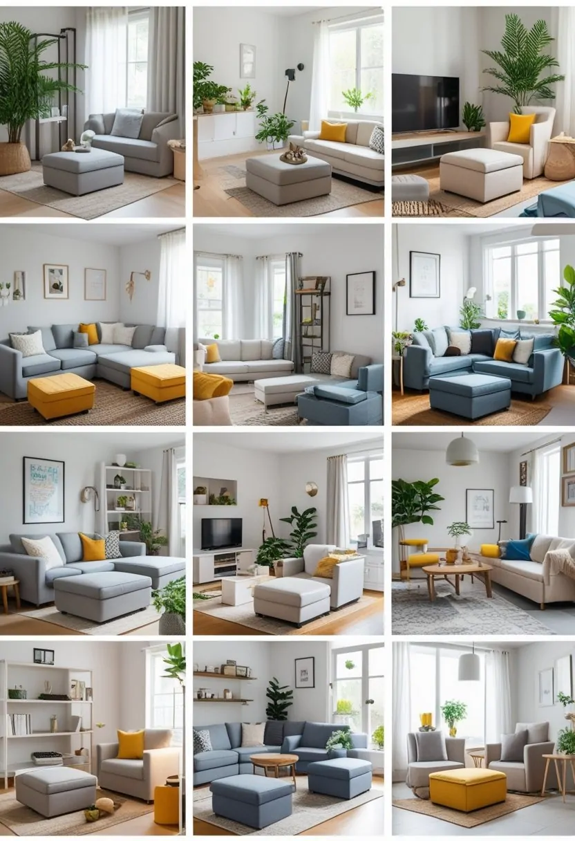 A grid of 10 small living rooms featuring storage ottomans used as seating and storage, with sofas, tables, and plants in bright, compact spaces.