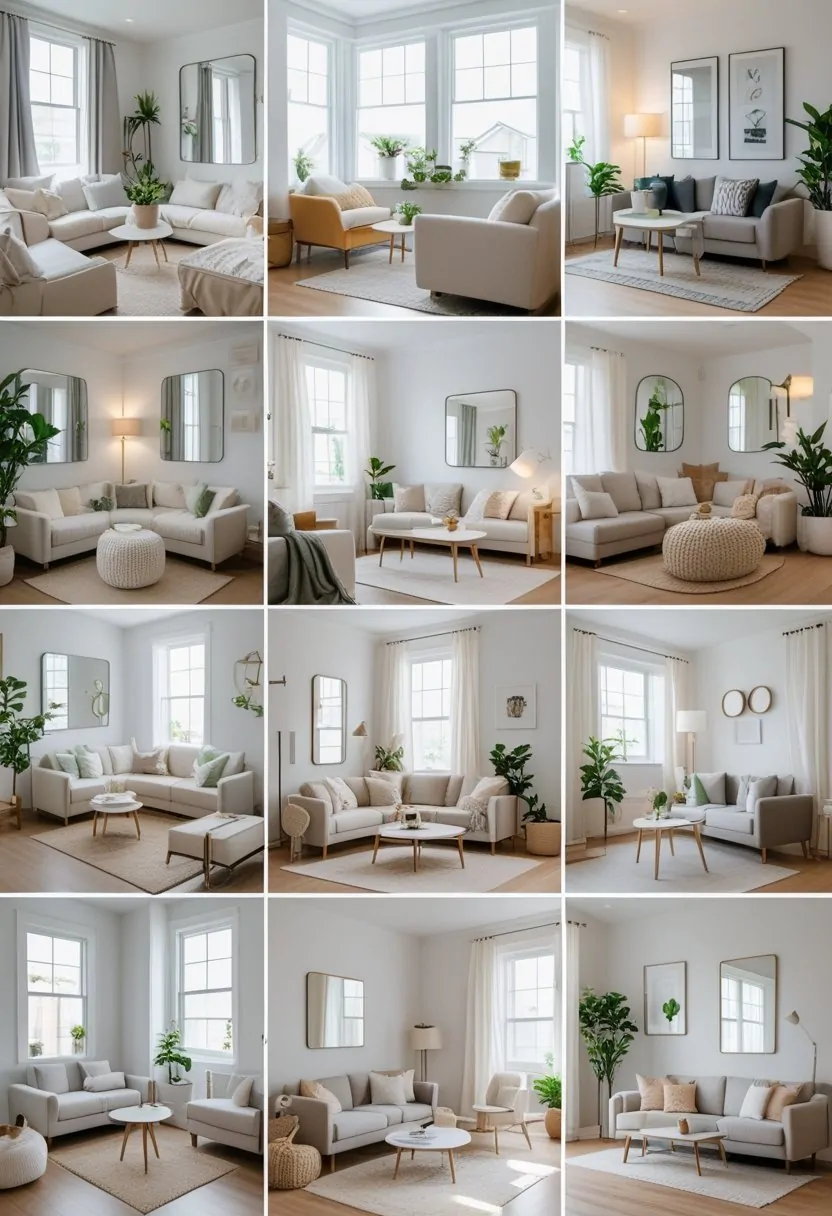 Ten small living rooms with mirrors on the walls reflecting light and making the spaces appear larger, each furnished with sofas, tables, and plants.