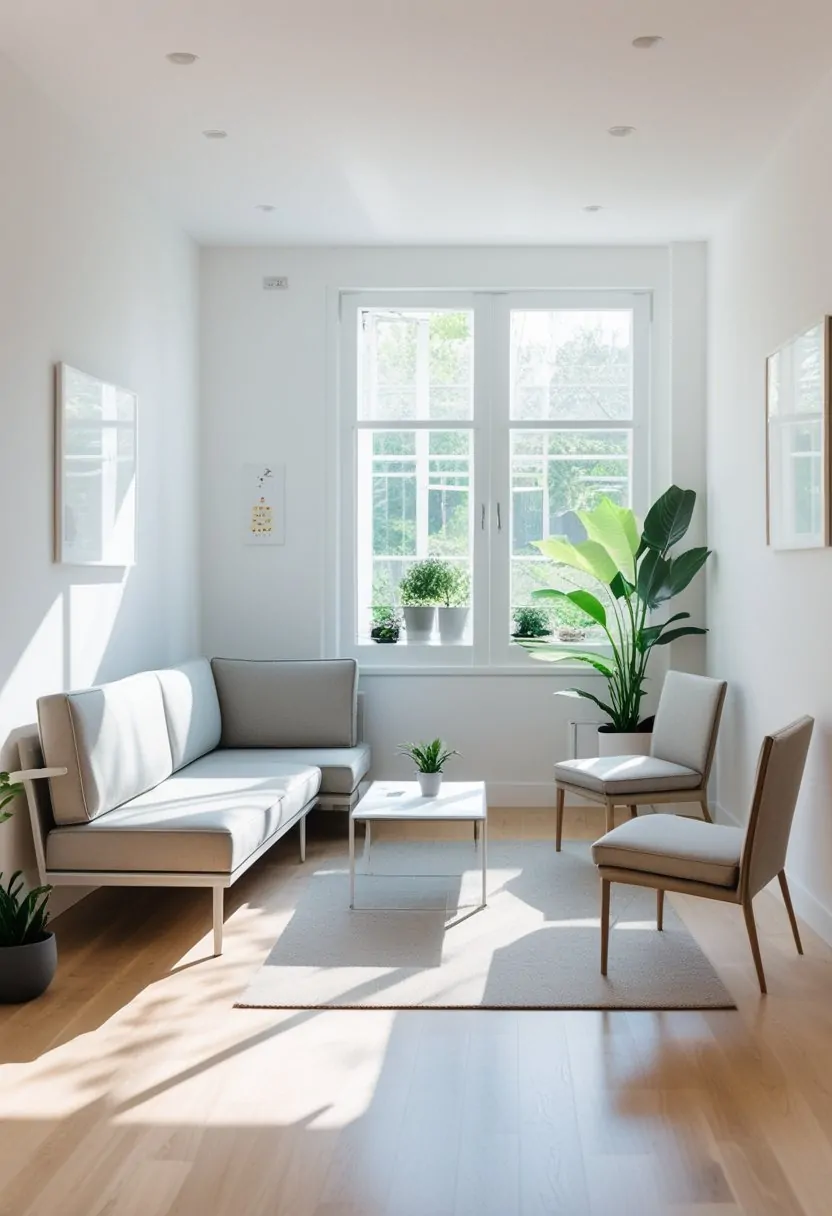 A small living room with slim sofas and chairs arranged to save floor space, featuring natural light and minimal decor.