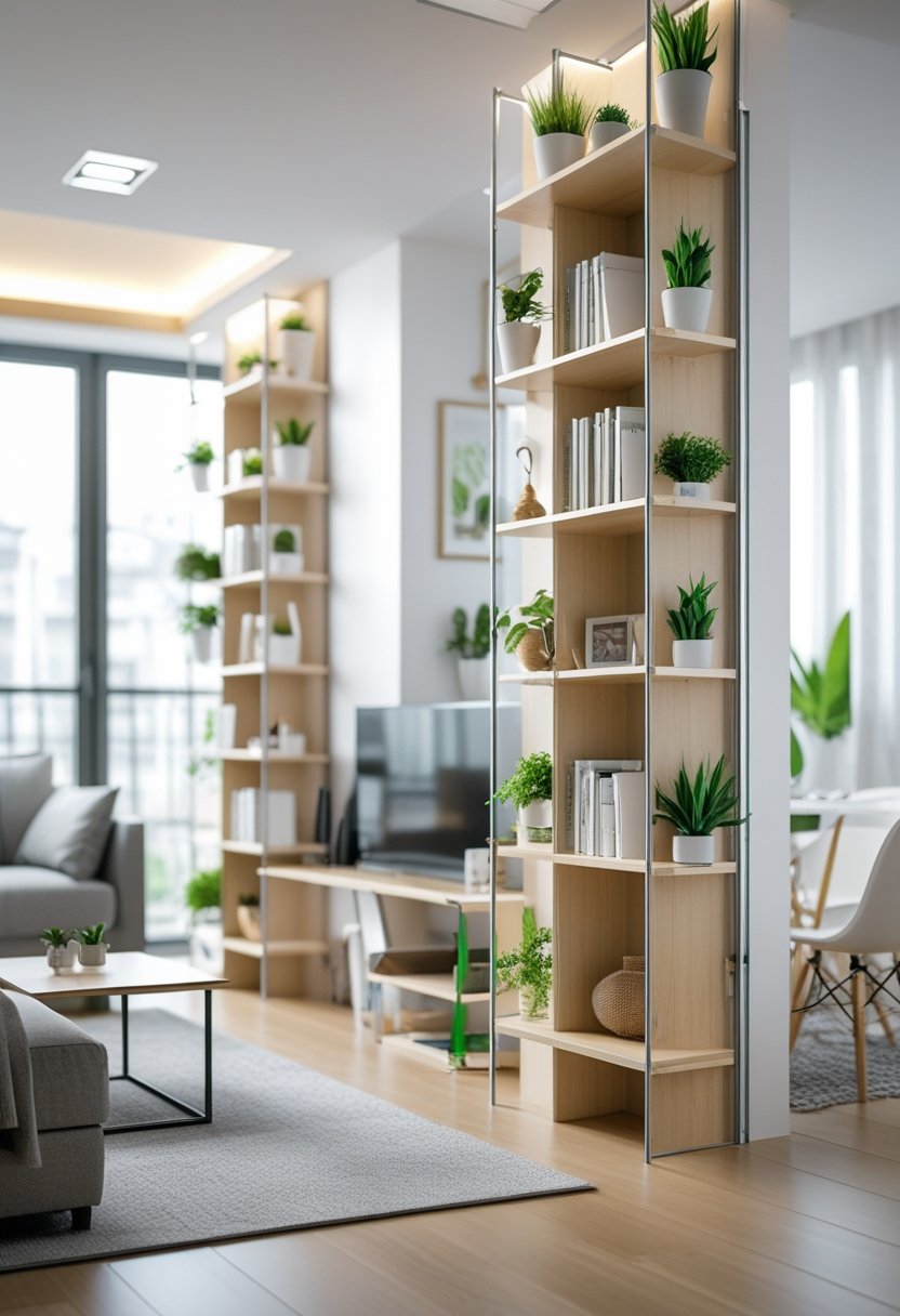 Small living room with tall vertical shelves holding books and plants, maximizing storage without crowding the space.