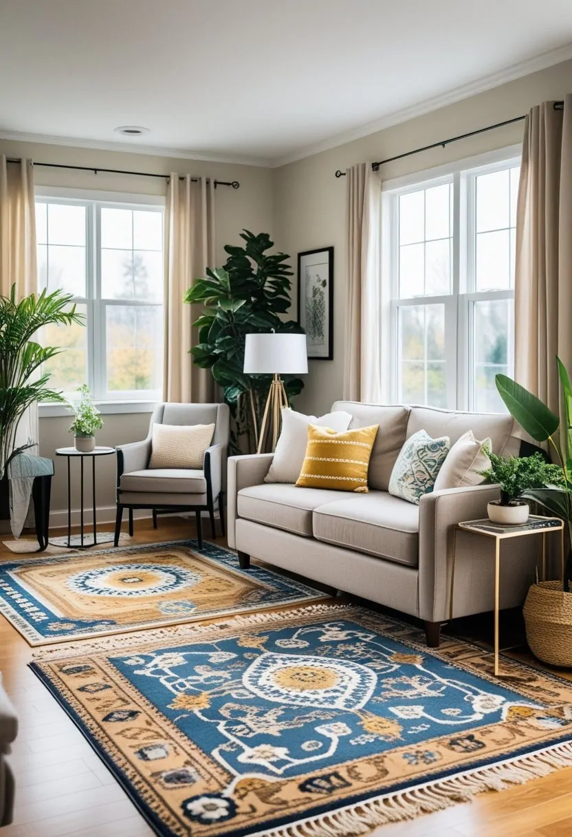 A small living room with separate seating, reading, and dining areas defined by different area rugs.