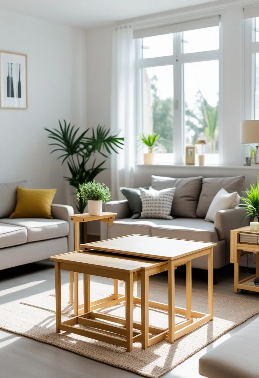 A small living room with foldable and nesting tables arranged near a sofa and armchair, illuminated by natural light.