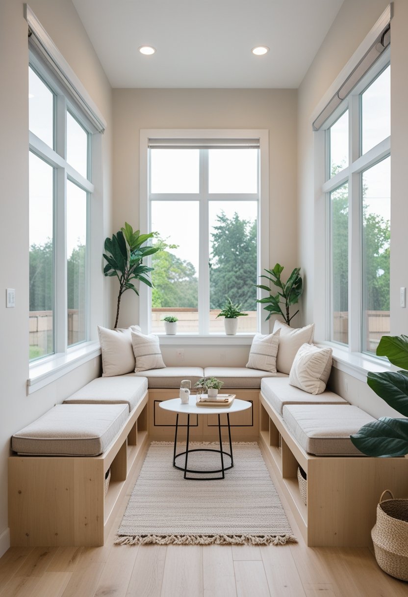 Small living room with built-in storage benches under windows, a sofa, coffee table, and plants.
