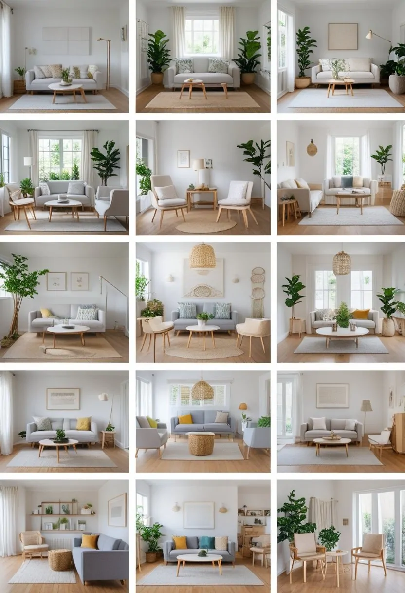 Collage of ten small living rooms featuring furniture with exposed legs creating an open and airy feel.