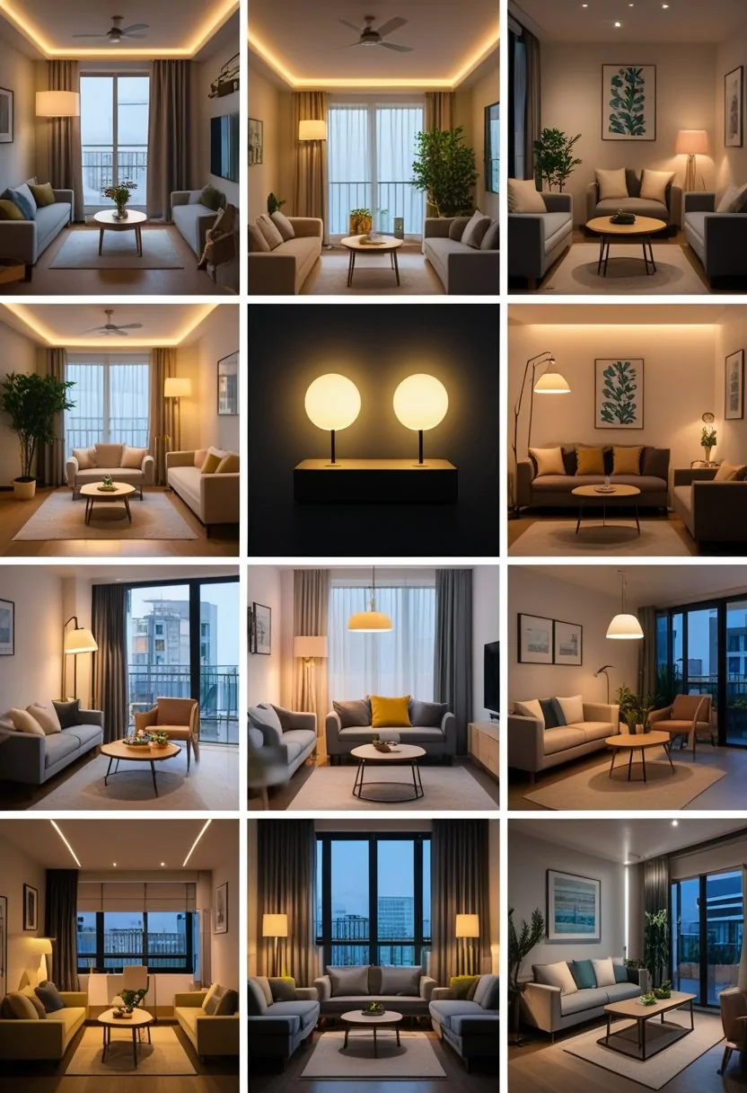 A collection of 10 small living rooms, each with different types of lighting including ceiling lights, lamps, and accent lights illuminating furniture and decor.
