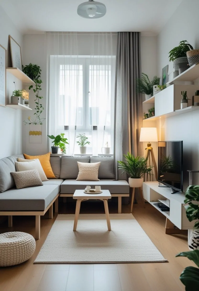 A small living room with a compact sofa, coffee table, window with light curtains, shelves, plants, and a rug.