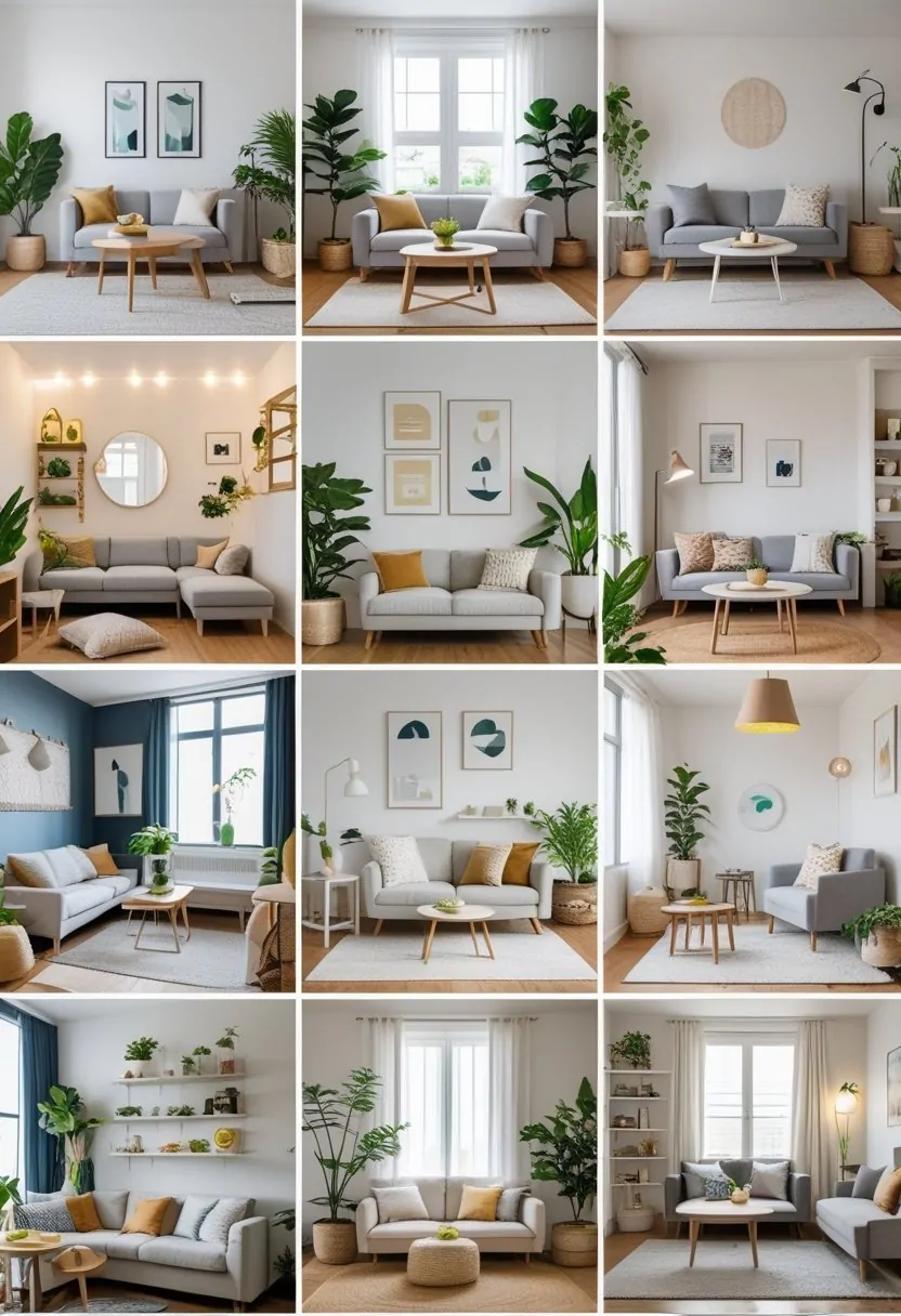 Collage of ten small living rooms showing different furniture arrangements and space-saving solutions.