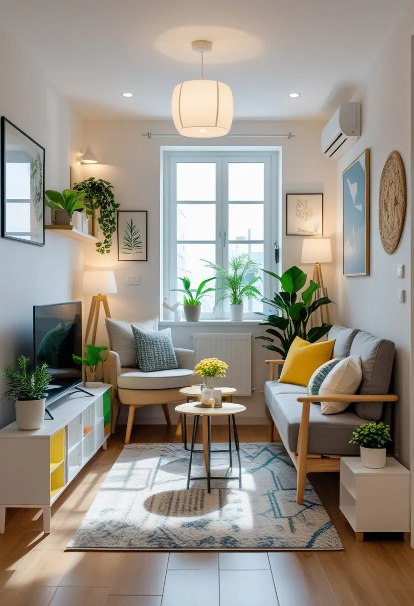 A small living room with a sofa, coffee table, plants, and natural light creating a cozy and inviting atmosphere.