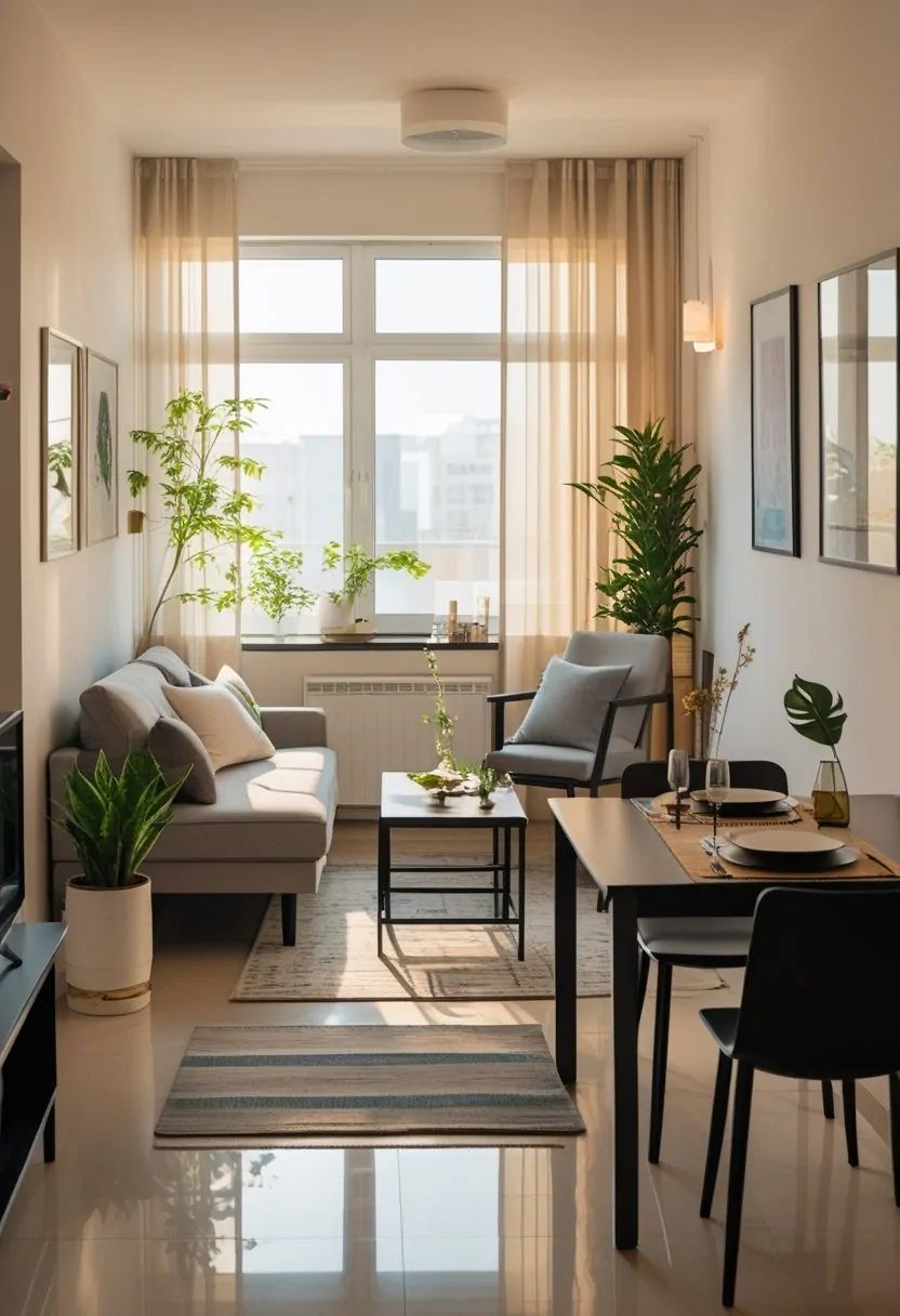Small living room with a sofa, coffee table, and a dining table with four chairs near large windows.