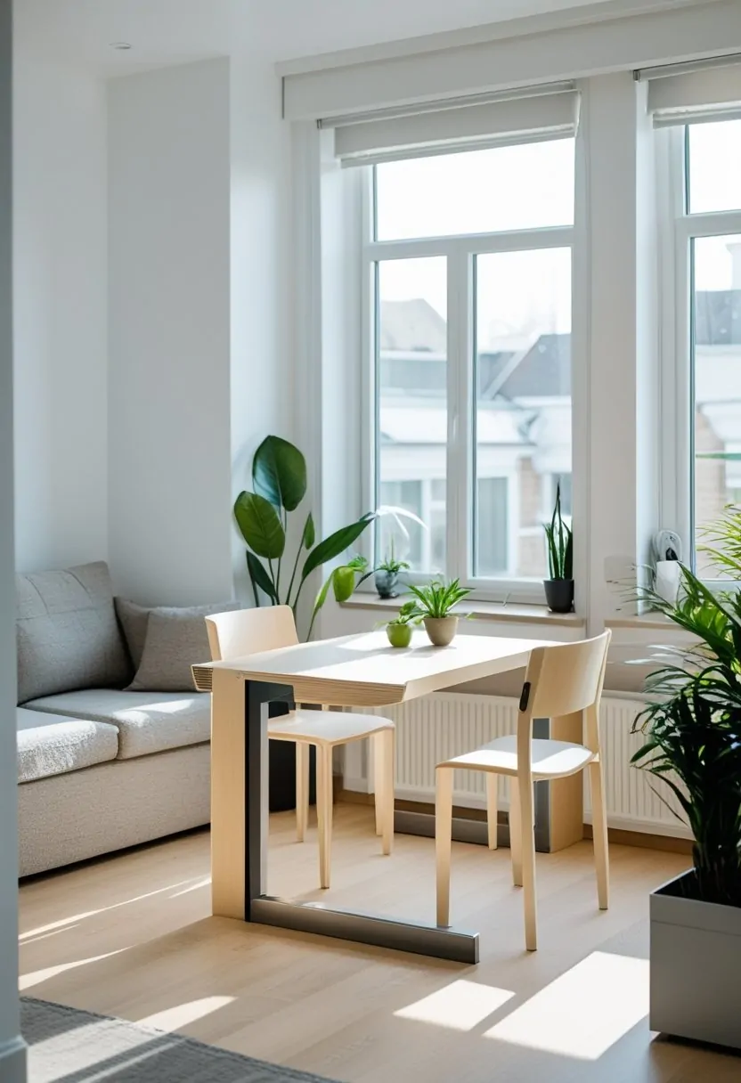 A small living room with a modern dining table and chairs near a window, featuring a compact and organized layout.