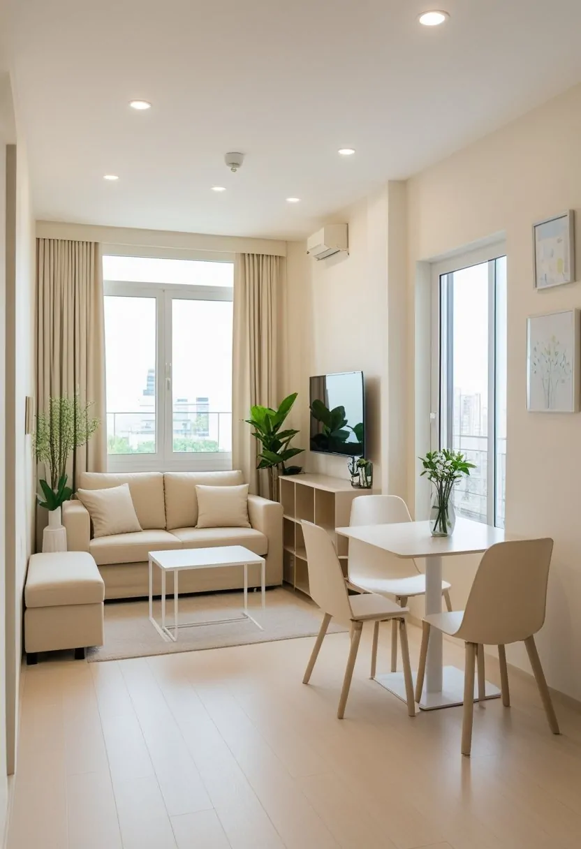 A small living room with a sofa and coffee table next to a dining table with chairs, all in light colors with natural light coming through large windows.