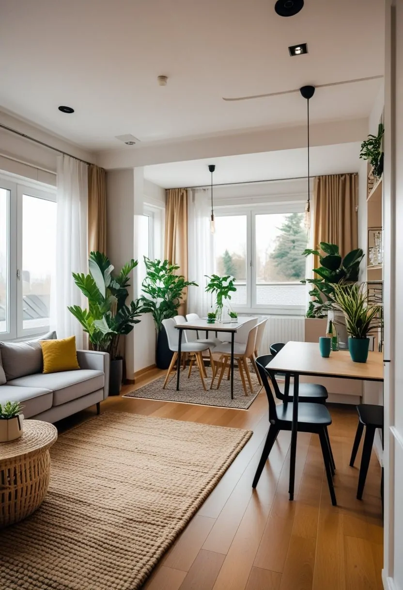 Small living room and dining area with rugs and flooring changes defining separate zones.