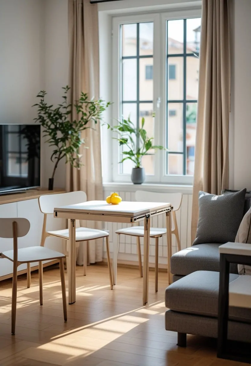 Small living room with a dining area featuring a foldable table and chairs arranged to maximize space.