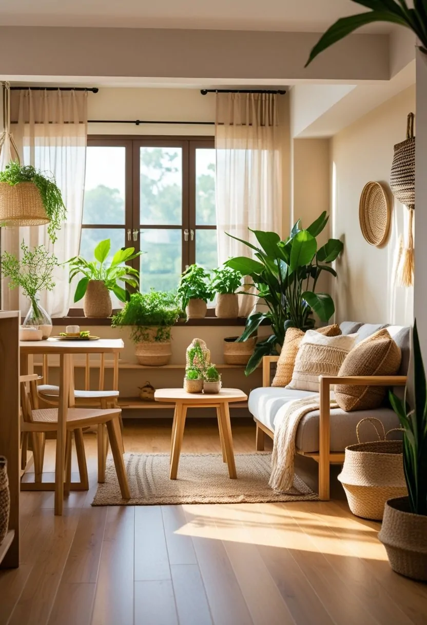 A small living room with a dining area featuring wooden furniture, soft cushions, green plants, and natural light coming through windows.