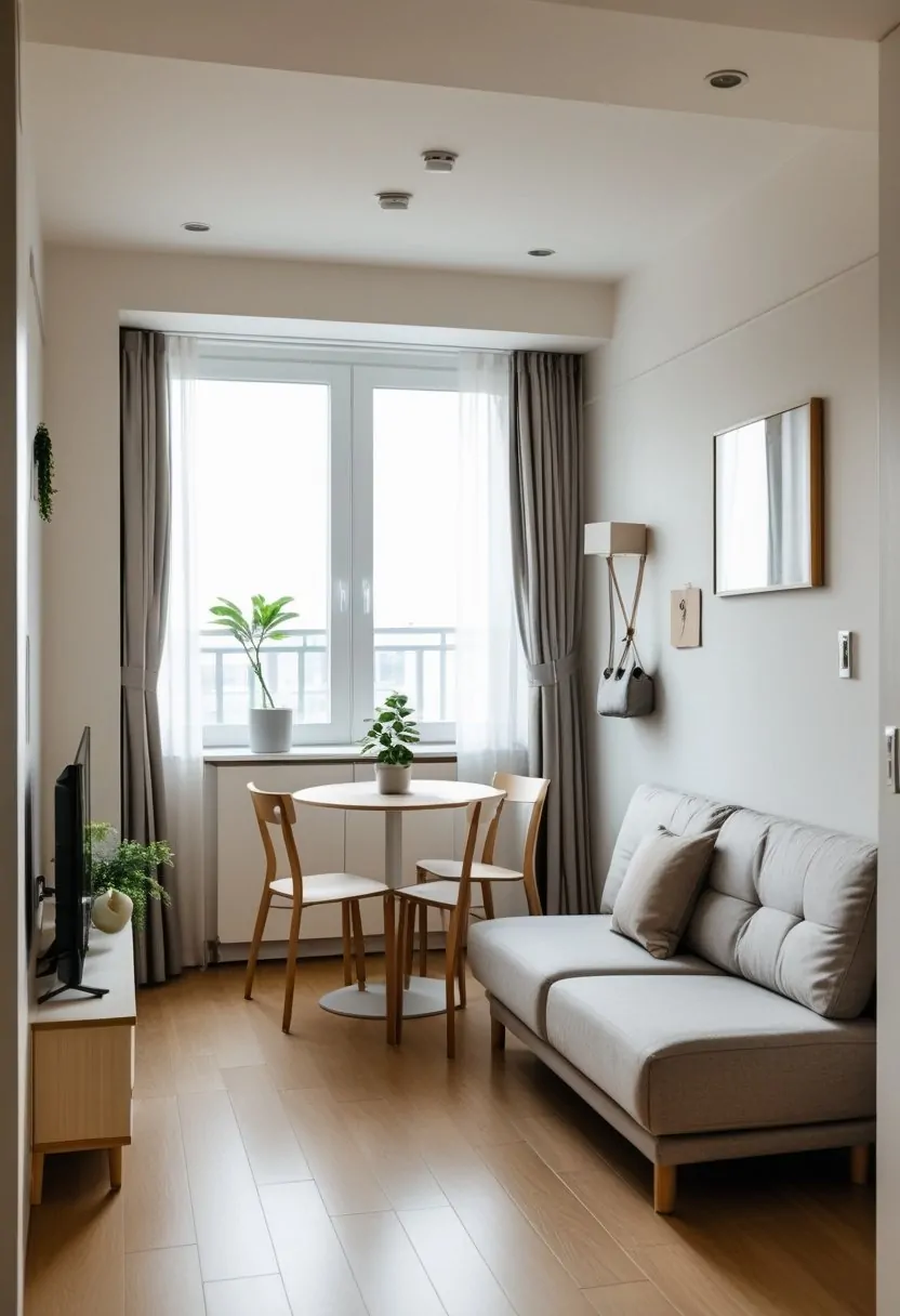 Small living room with a dining area, featuring a sofa, round dining table with chairs, and minimal decor to keep the space uncluttered.