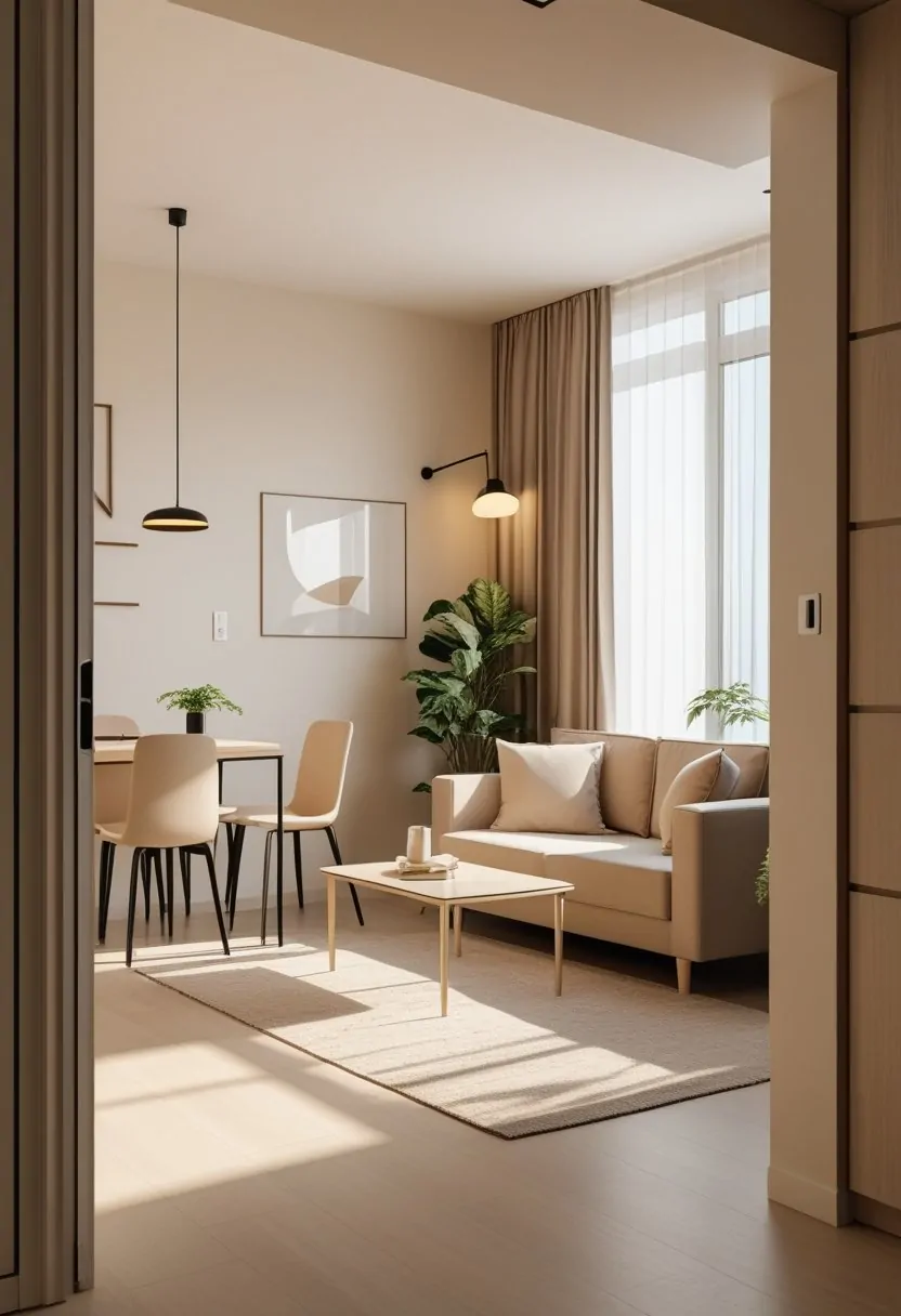 A small living room with a sofa and coffee table seamlessly connected to a dining area with a table and chairs in a bright, open space.