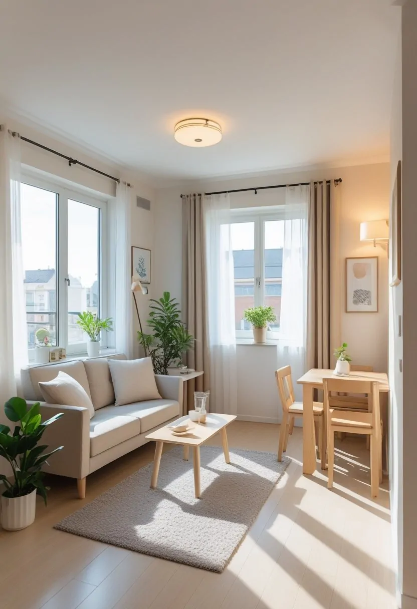 Small living room with a sofa and coffee table next to a dining area with a wooden table and chairs, illuminated by natural light.
