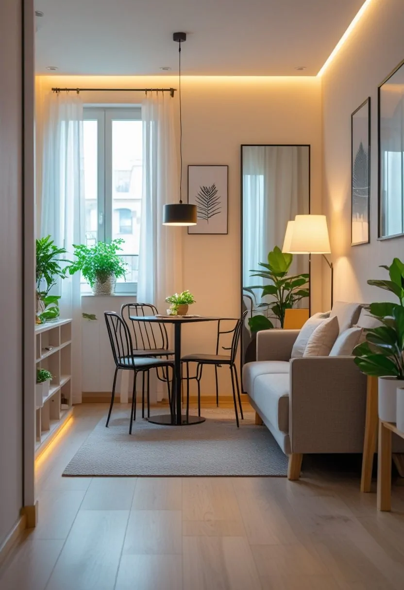 Small living room with a dining area featuring a sofa, dining table, lamps, plants, and a window letting in natural light.