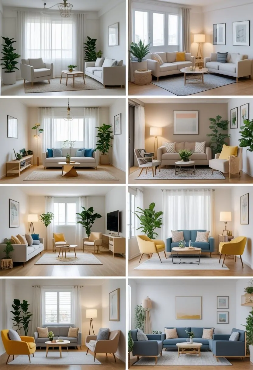 Eight different small living room layouts featuring sofas, chairs, tables, and decor arranged in compact spaces.