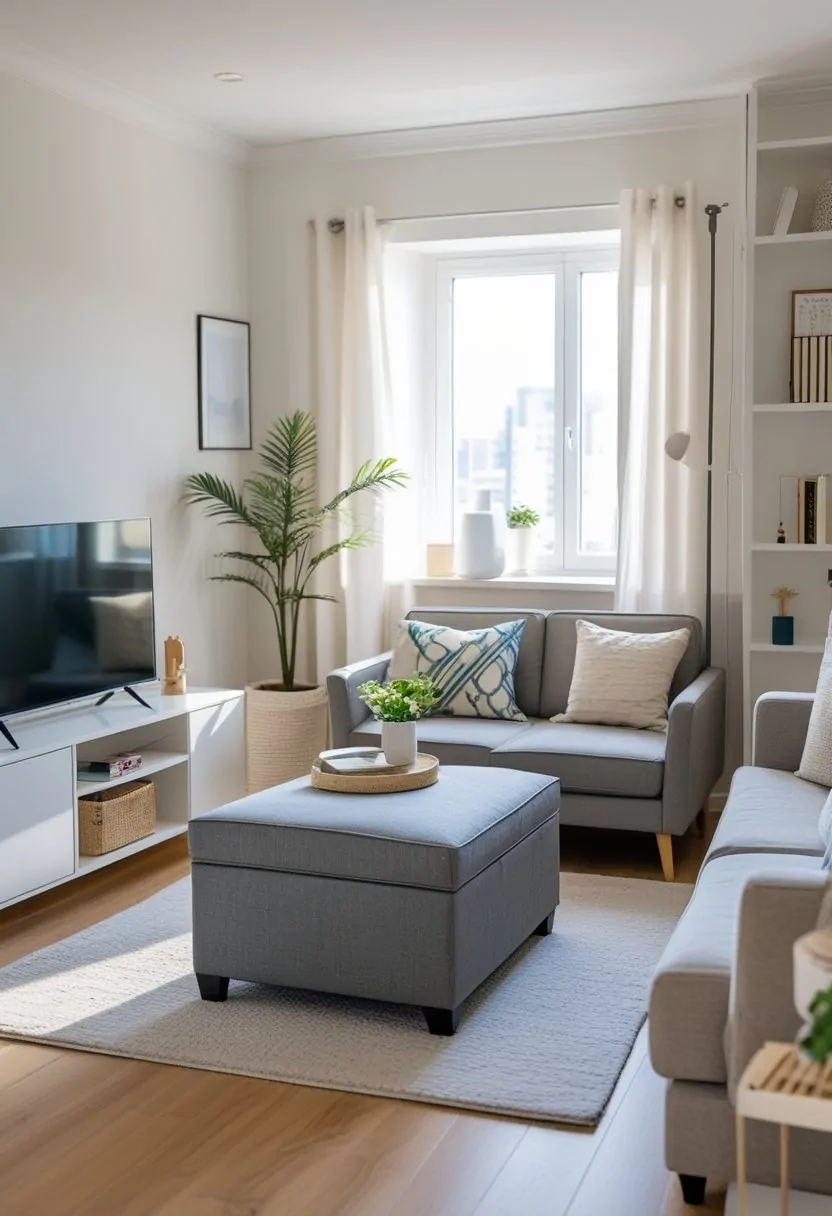 Small living room with a storage ottoman used as a coffee table and extra seating, a compact sofa, and natural light coming through a window.