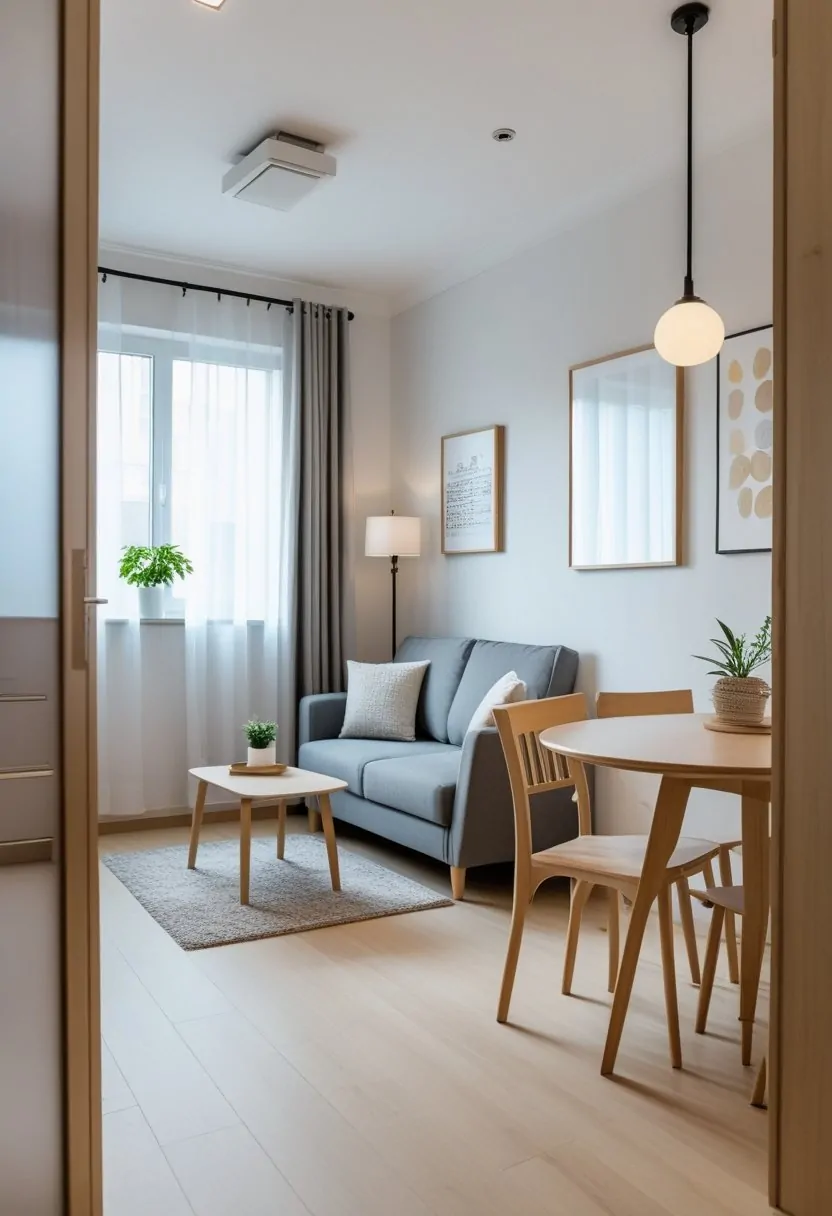 Small living room with a sofa and coffee table next to a dining area with a round table and chairs, illuminated by natural light.