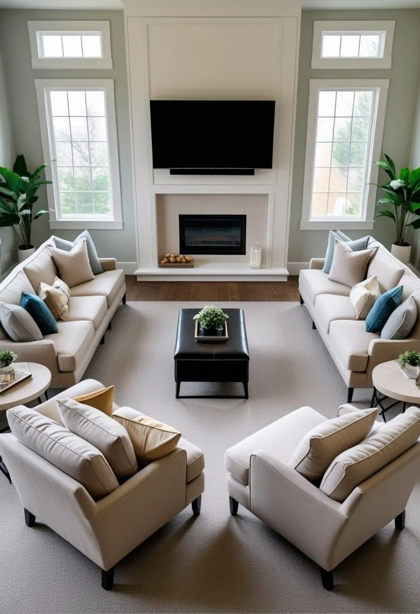 Small living room with seating arranged facing a TV or window, accommodating eight people.