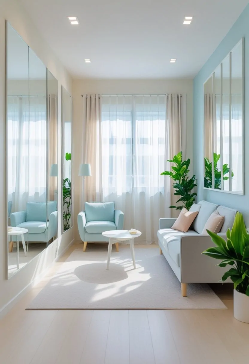 A small living room with light-colored walls and furniture, mirrors on the walls reflecting light, a compact sofa, coffee table, and plants.