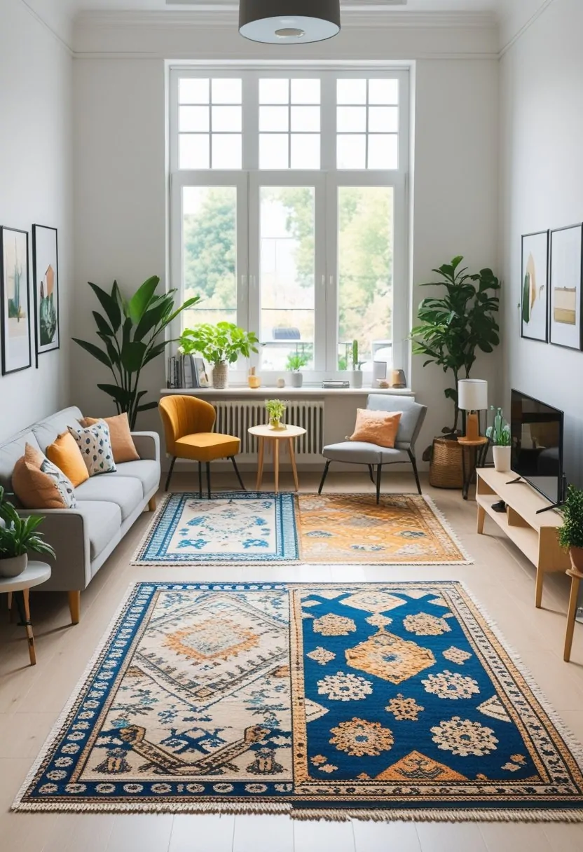 Small open-plan living room with rugs defining separate seating and dining areas, featuring compact furniture and natural light.
