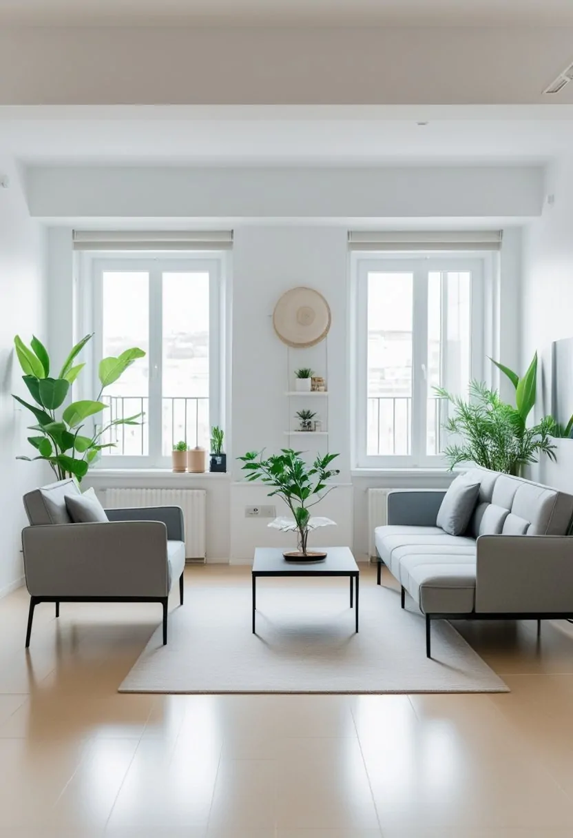 A small living room with a compact sofa, slim chairs, a coffee table, and natural light coming through windows.
