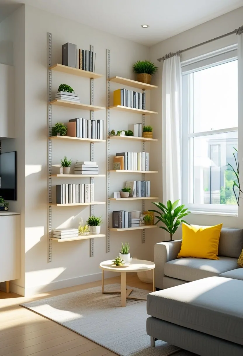 Small living room with wall-mounted shelves holding books and plants, a compact sofa, and a coffee table.