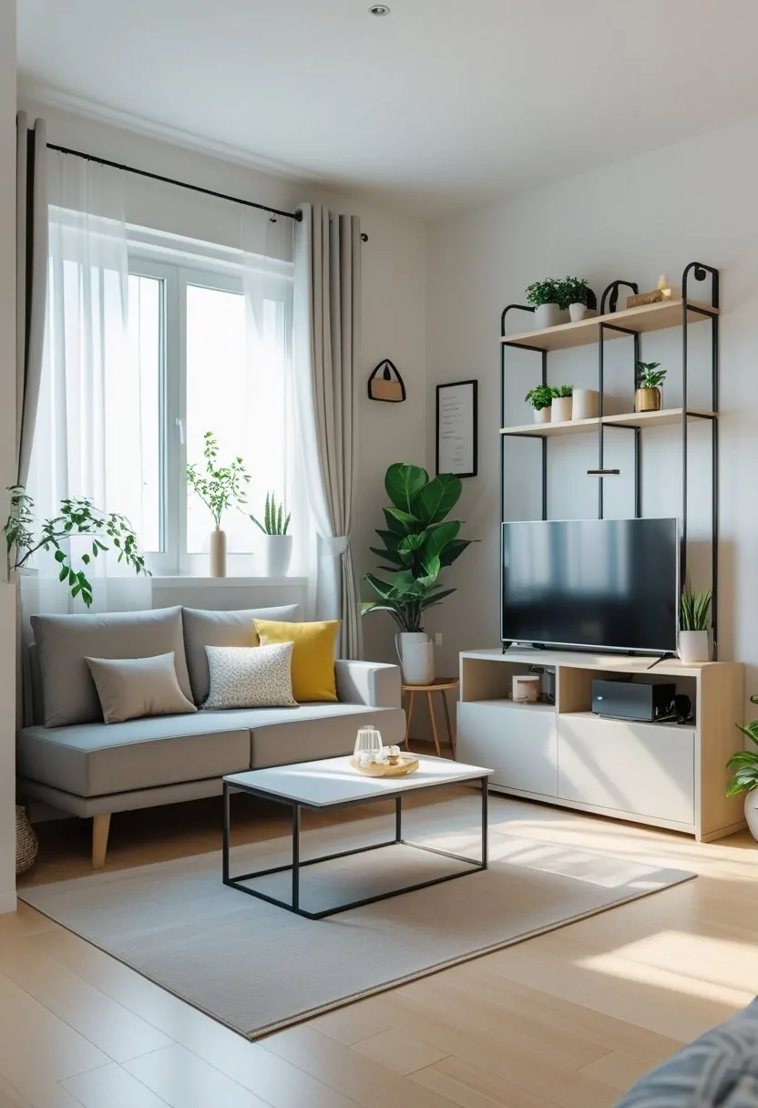 Small living room with a compact sofa, coffee table, wall shelves, and natural light from a window.