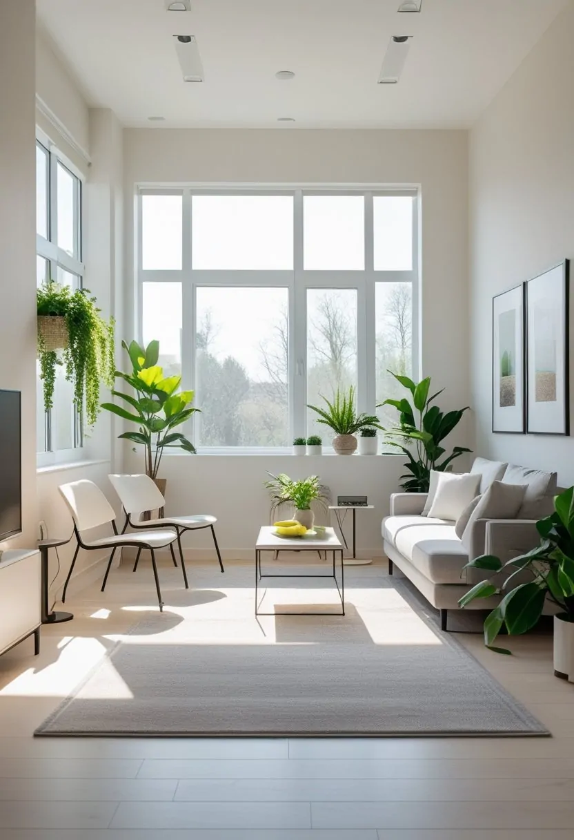 A small living room with large windows, light walls, a compact sofa, chairs, plants, and a coffee table arranged to create an open and bright space.