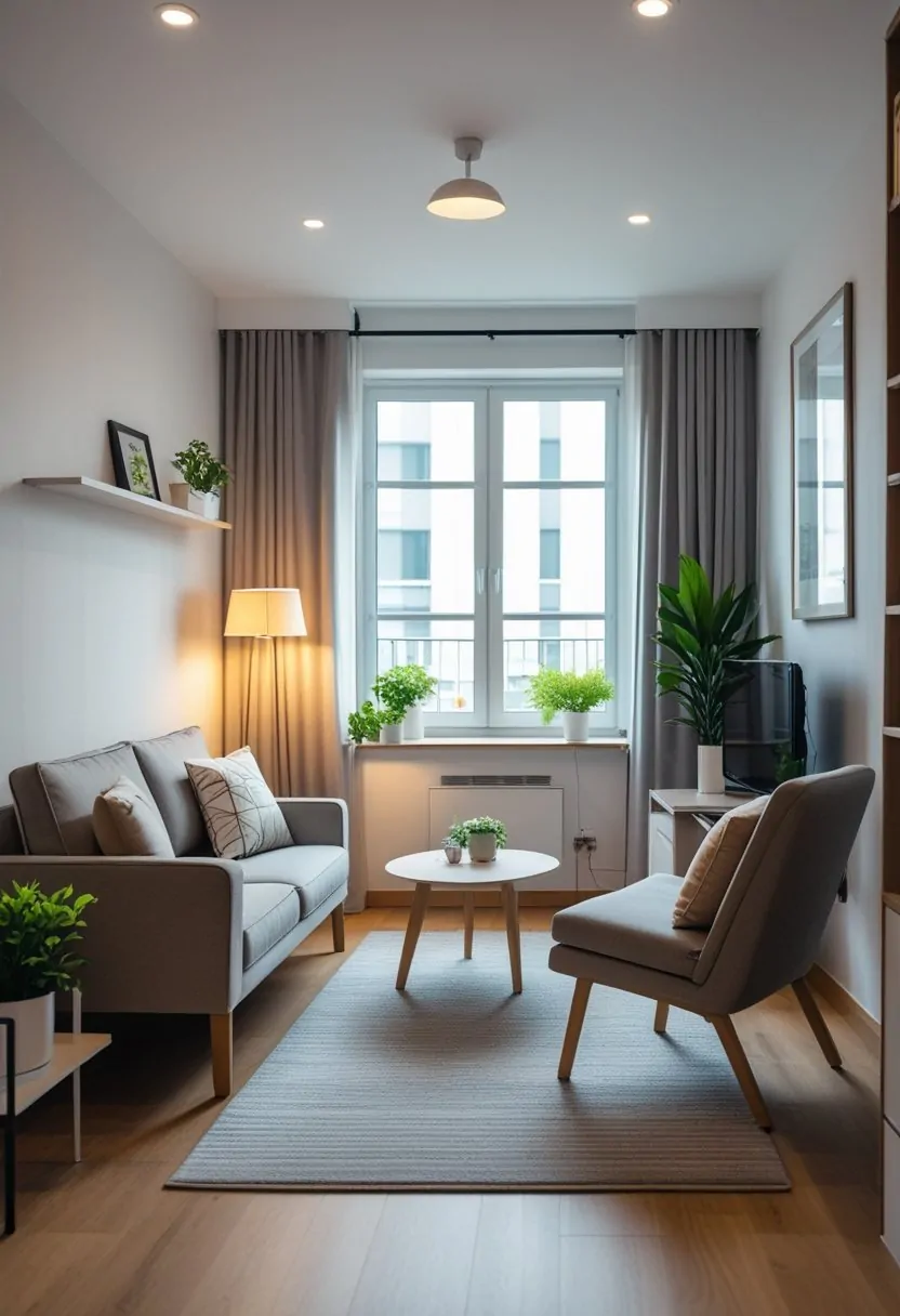 A small living room with a sofa, coffee table, armchair, bookshelf, floor lamp, and large windows letting in natural light.