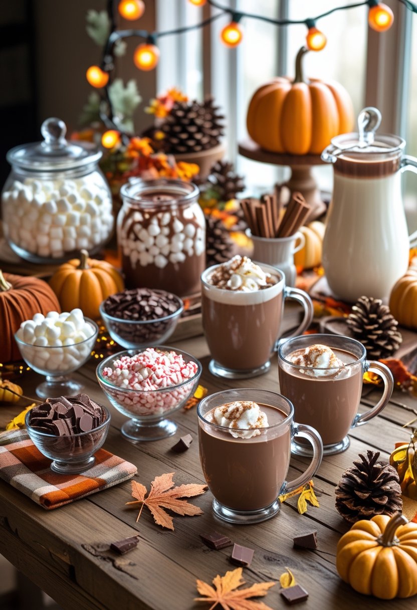A table set up with a DIY hot chocolate bar featuring mugs of hot chocolate, jars of toppings, and fall decorations like pumpkins and pinecones.